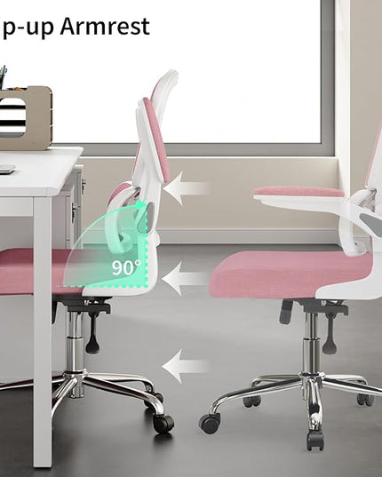 Office Chair, Ergonomic Desk Chair - Thick Cushion Adjustable Height Computer Chair with Lumbar Support and Flip-up Armrests, Pink Home Office Desk Chairs, Swivel Executive Task Chair… - LeafyLoom