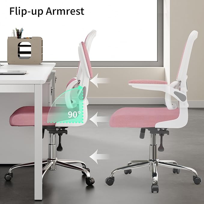 Office Chair, Ergonomic Desk Chair - Thick Cushion Adjustable Height Computer Chair with Lumbar Support and Flip-up Armrests, Pink Home Office Desk Chairs, Swivel Executive Task Chair… - LeafyLoom