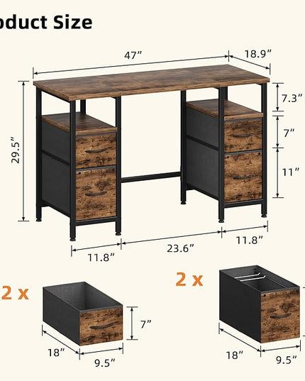 47'' Office Desk with 4 Fabric File Drawers - File Drawer Organization, Computer Work Desk, Study Writing Table, Home Office Workstation, Rustic Brown - LeafyLoom