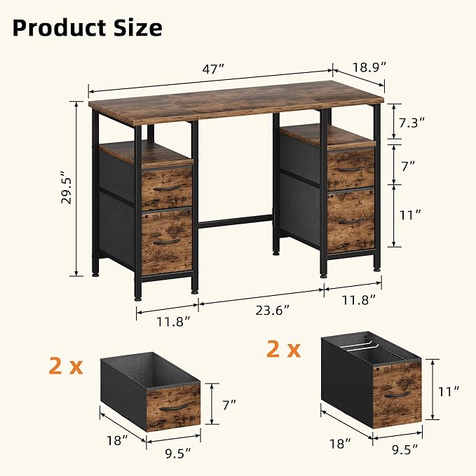47'' Office Desk with 4 Fabric File Drawers - File Drawer Organization, Computer Work Desk, Study Writing Table, Home Office Workstation, Rustic Brown - LeafyLoom