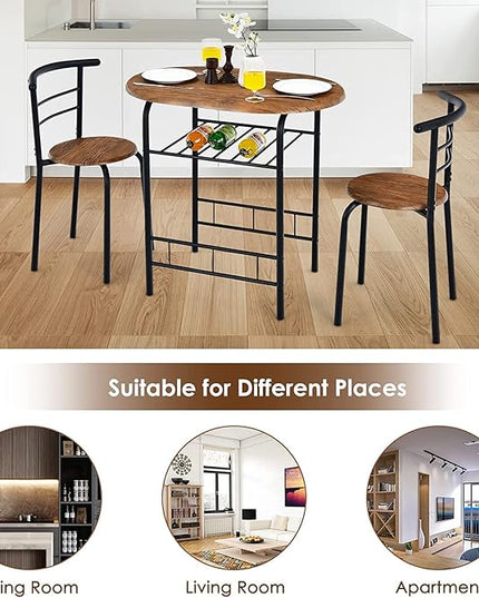 FANTASK 3 Piece Dining Table Set, Compact Table and 2 Chairs Set, w/Metal Frame and Storage Shelf, Breakfast Table Set for Apartment Kitchen Dining Room Cafe (Black & Brown) - LeafyLoom