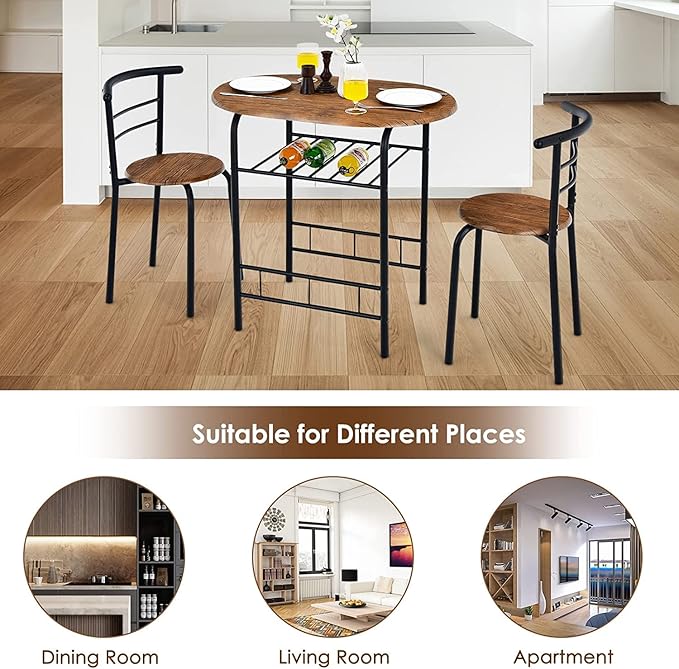 FANTASK 3 Piece Dining Table Set, Compact Table and 2 Chairs Set, w/Metal Frame and Storage Shelf, Breakfast Table Set for Apartment Kitchen Dining Room Cafe (Black & Brown) - LeafyLoom