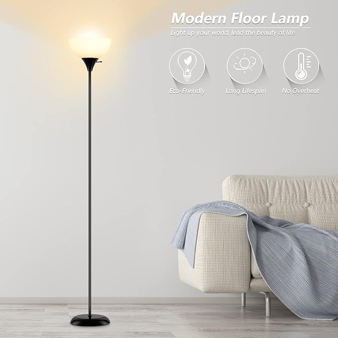 Floor Lamp, Standing Lamp for Bedroom, Drop-Resistant White Lampshade, Rotary Switch, Industrial Floor Lamp for Living Room Bedroom Study Office Kid's Room(Bright Black) - LeafyLoom