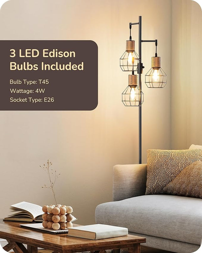 EDISHINE Dimmable Farmhouse Floor Lamp for Living Room, Industrial Black Standing Lamp with 3 LED Edison Bulbs, Corner Rustic Rattan Tall Tree Reading Lamps Home Decor for Bedroom, Office - LeafyLoom