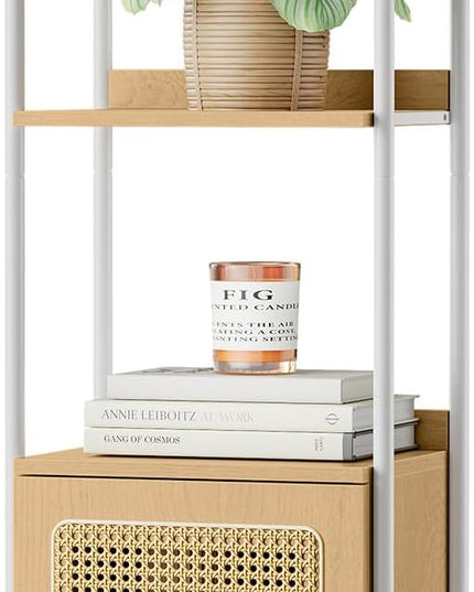 VASAGLE 6-Tier Bookcase, Bookshelf with Rattan-Like Door, Boho Style, Freestanding 15.7-Inch Wide Storage Shelf, Metal Frame, Adjustable Shelf, for Living Room, Oak Beige and Pearl White ULLS122W57 - LeafyLoom