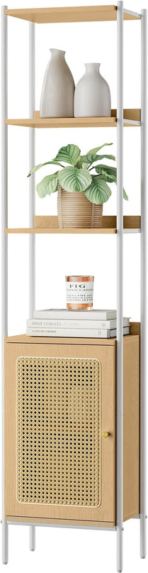 VASAGLE 6-Tier Bookcase, Bookshelf with Rattan-Like Door, Boho Style, Freestanding 15.7-Inch Wide Storage Shelf, Metal Frame, Adjustable Shelf, for Living Room, Oak Beige and Pearl White ULLS122W57 - LeafyLoom