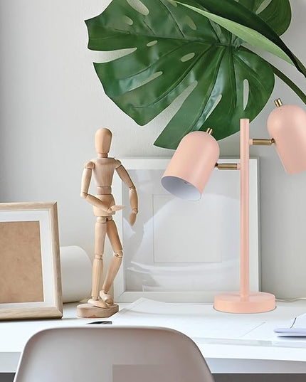 Globe Electric 30290 Carter 18" 2-Light Desk Lamp, Matte Pink, Matte Brass Accents, 2.1A USB Port, On/Off Rotary Switch on Each Shade - LeafyLoom