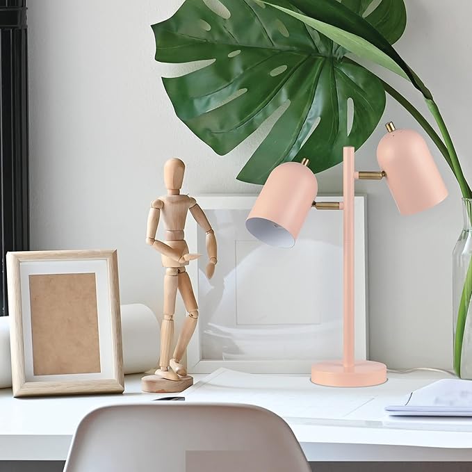 Globe Electric 30290 Carter 18" 2-Light Desk Lamp, Matte Pink, Matte Brass Accents, 2.1A USB Port, On/Off Rotary Switch on Each Shade - LeafyLoom