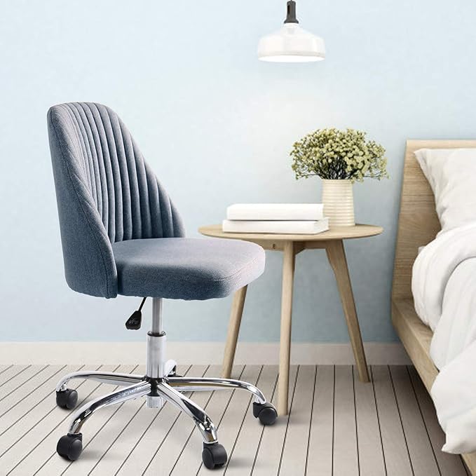 HOMEFLA Home Office Modern Linen Swivel Task Upholstered Fabric Desk Chair Armless with Wheels, Middle, Blue - LeafyLoom