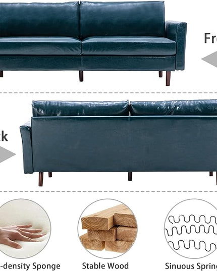 Dreamsir 80'' Faux Leather Sofa Couch, Mid-Century Modern Couch with Solid Wooden Frame & Padded Cushions, 3-Seater Couch for Living Room, Apartment, Lounge Room (Peacock Blue) - LeafyLoom
