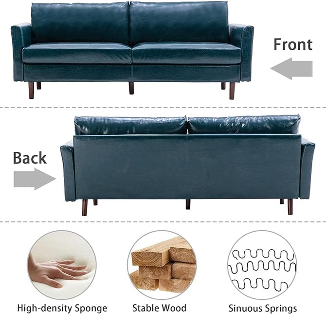 Dreamsir 80'' Faux Leather Sofa Couch, Mid-Century Modern Couch with Solid Wooden Frame & Padded Cushions, 3-Seater Couch for Living Room, Apartment, Lounge Room (Peacock Blue) - LeafyLoom