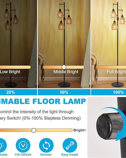 Boho Rattan Floor Lamp - Standing Lamps for Living Room 70'' Dimmable Floor Lamp with Cage Shade, Industrial Farmhouse Floor Lamps Rustic Floor Lamps Vintage Lamp for Living Room Bedroom Office - LeafyLoom
