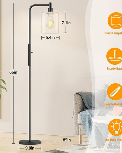 Stepless Dimmable Floor Lamps with Glass Lampshade Modern Standing Lamps with 6W LED Bulb Bright Corner Lamp Tall Pole Lamps for Living Room Bedroom Office Study Room Farmhouse, Black - LeafyLoom
