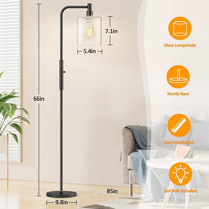 Stepless Dimmable Floor Lamps with Glass Lampshade Modern Standing Lamps with 6W LED Bulb Bright Corner Lamp Tall Pole Lamps for Living Room Bedroom Office Study Room Farmhouse, Black - LeafyLoom
