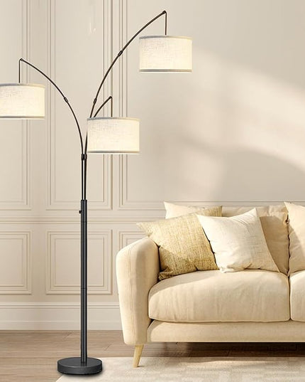 Arc Floor Lamps for Living Room,Modern Mid Century Tall Standing Floor Lamp with Heavy Base for Bedroom Office,3-Light Floor Lamp with Adjustable Hanging and 3 LED Bulbs (Black+Beige Shade) - LeafyLoom