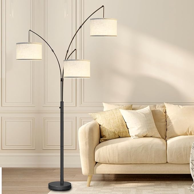 Arc Floor Lamps for Living Room,Modern Mid Century Tall Standing Floor Lamp with Heavy Base for Bedroom Office,3-Light Floor Lamp with Adjustable Hanging and 3 LED Bulbs (Black+Beige Shade) - LeafyLoom