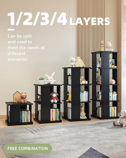 Rotating Bookshelf, 4-Shelf 360° Solid Wood Book shelf Tower, Stackable Revolving Bookcase Organizer for Living Room, Bedroom, Study(Black) - LeafyLoom