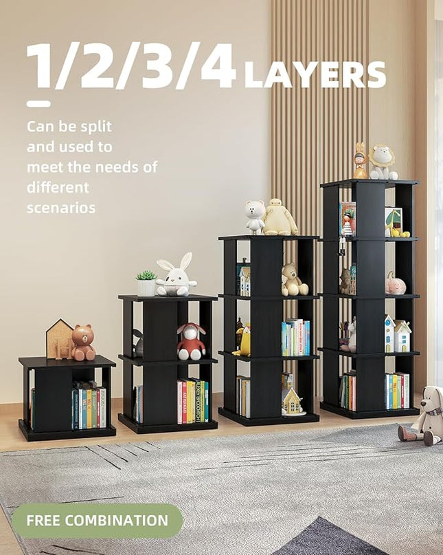Rotating Bookshelf, 4-Shelf 360° Solid Wood Book shelf Tower, Stackable Revolving Bookcase Organizer for Living Room, Bedroom, Study(Black) - LeafyLoom