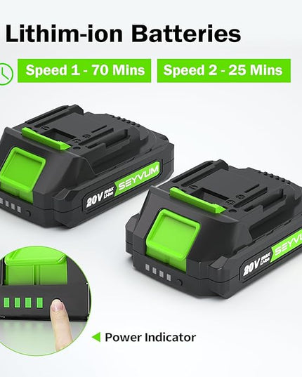 SEYVUM Leaf Blower, 20V Cordless Leaf Blower with 2 Pcs Battery, Electric Leaf Blower for Lawn Care, 320CFM 150MPH Battery Powered Leaf Blower, for Patio, Garden Cleaning, Fast Charger Included, Green - LeafyLoom