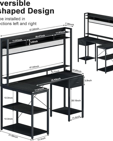 TOARTi 47" L Shaped Computer Desk with Hutch, Office Writing Desk with Power Outlets&LED Ligtht, Gaming Corner Desk with Long Monitor Shelf for Home Office, Classic Black - LeafyLoom