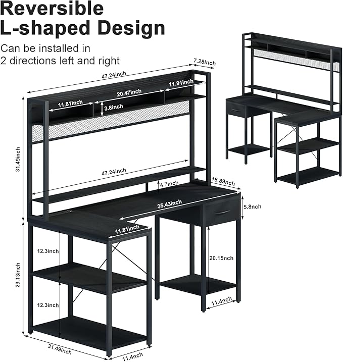 TOARTi 47" L Shaped Computer Desk with Hutch, Office Writing Desk with Power Outlets&LED Ligtht, Gaming Corner Desk with Long Monitor Shelf for Home Office, Classic Black - LeafyLoom