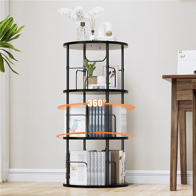 Rotating Bookshelf, 3 Tier Round Revolving Bookcase with Special Visible Partition Storage, 360° Display Spinning Bookshelf Tower Storage Organizer Rack for Bedroom, Living Room, Small Space, Black - LeafyLoom