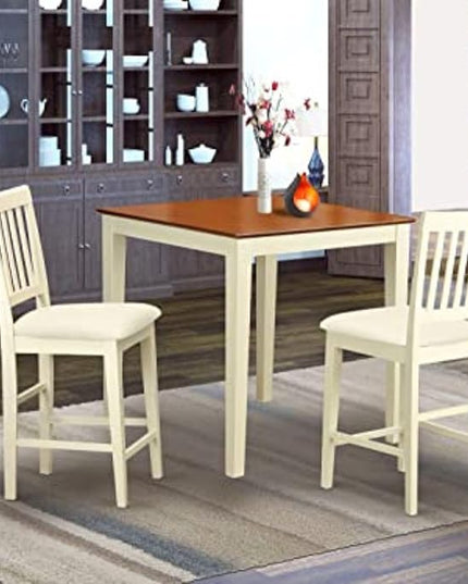 East West Furniture VERN3-WHI-C Vernon 3 Piece Counter Height Dining Set for Small Spaces Contains a Square Wooden Table and 2 Linen Fabric Upholstered Chairs, 36x36 Inch - LeafyLoom