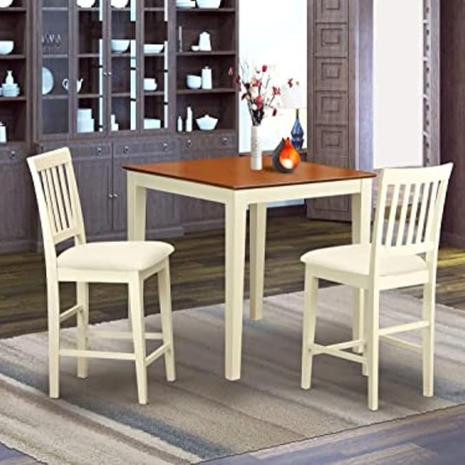 East West Furniture VERN3-WHI-C Vernon 3 Piece Counter Height Dining Set for Small Spaces Contains a Square Wooden Table and 2 Linen Fabric Upholstered Chairs, 36x36 Inch - LeafyLoom