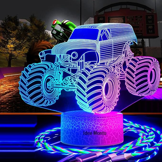 3D LED Lamp for Kids Room Night Lights for Kids Monster Trucks for Boys, with Smart Touch 7 Colors Changing Dimmable Monster Truck Light, for 1 2 3 4 5 6 7 8 Year Old Boy/Girl Birthday Xmas Gifts - LeafyLoom