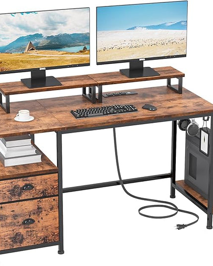 Furologee Computer Desk with Drawer and Power Outlets, 47" Office Desk with 2 Monitor Stands and Fabric File Cabinet, Writing Gaming Table with Shelves and 2 Hooks for Home Office, Rustic Brown - LeafyLoom