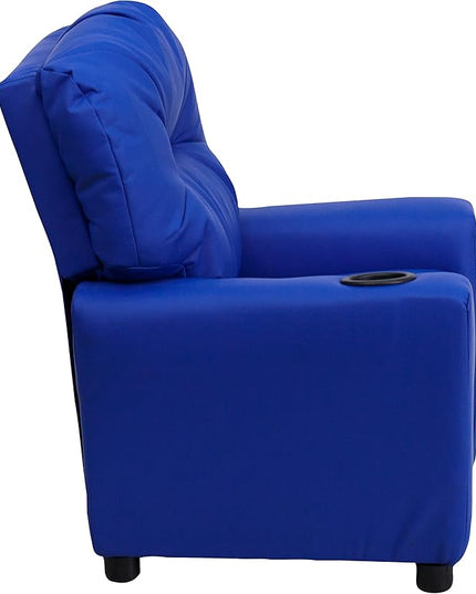 Flash Furniture Chandler Vinyl Kids Recliner with Cup Holder and Safety Recline, Contemporary Reclining Chair for Kids, Supports up to 90 lbs., Blue - LeafyLoom