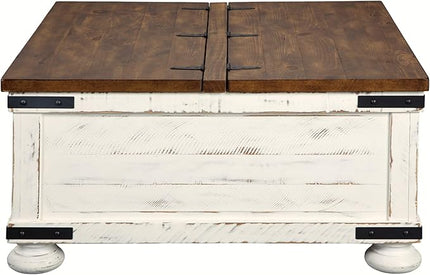 Signature Design by Ashley Wystfield Farmhouse Square Storage Coffee Table with Hinged Lift Top, Distressed White - LeafyLoom