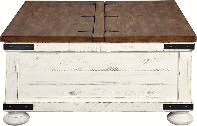 Signature Design by Ashley Wystfield Farmhouse Square Storage Coffee Table with Hinged Lift Top, Distressed White - LeafyLoom
