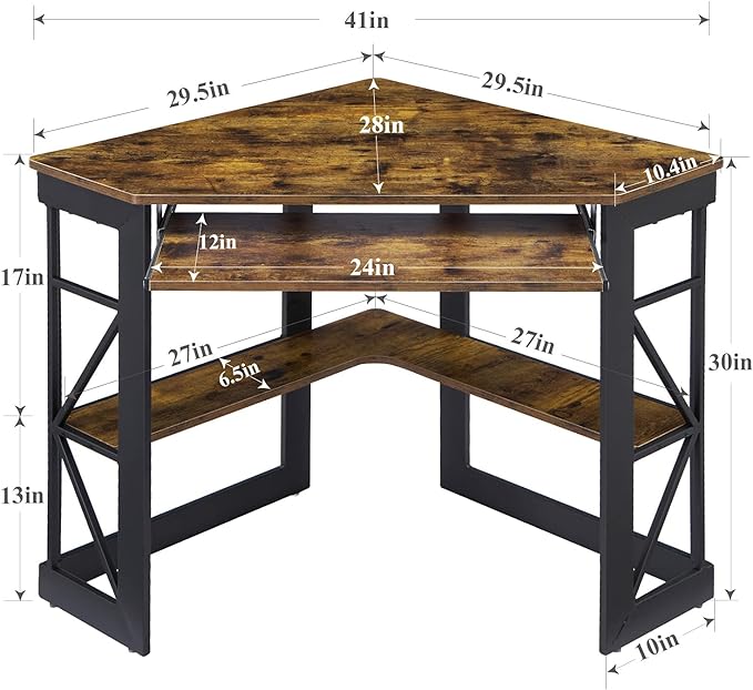 VECELO Corner Computer Desk Writing Smooth Keyboard Tray & Storage Shelves,Compact Home Office Triangle Table, Antique Brown - LeafyLoom