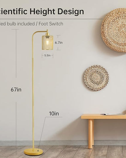 BoostArea Industrial Gold Floor Lamp, 67 Inch LED Standing Lamp with Iron Mesh Lampshade, 6W Brass Stand Up Lamp for Living Room, Bedroom, Office, Den - LeafyLoom