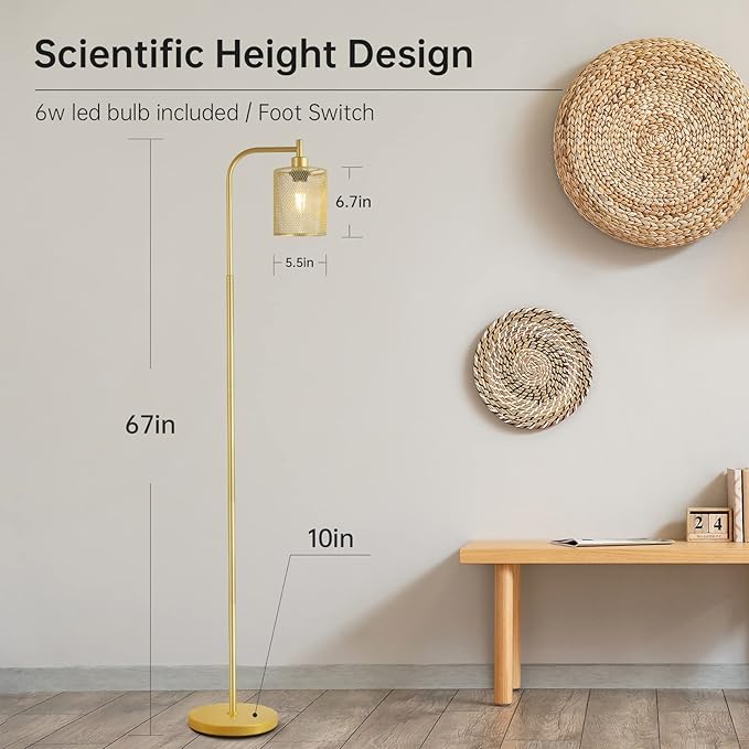 BoostArea Industrial Gold Floor Lamp, 67 Inch LED Standing Lamp with Iron Mesh Lampshade, 6W Brass Stand Up Lamp for Living Room, Bedroom, Office, Den - LeafyLoom