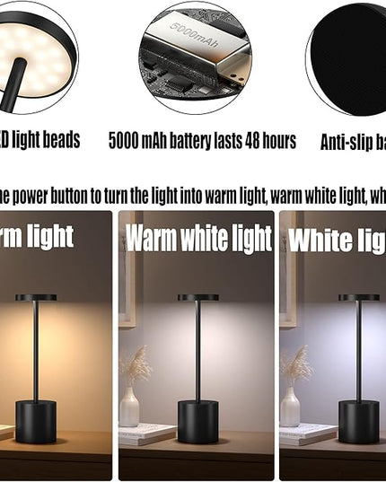 2Pack Cordless Table Lamp, Rechargeable LED Battery 5000mAh Metal USB Portable Powered Desk Lamp, 3 Levels Brightness Light for Restaurants Outdoor (2pack 10.25in Black) - LeafyLoom