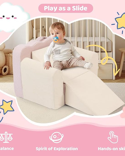 3-in-1 Toddler Chair Comfy Kids Sofa Chair,Toddler Couch Fold Out with Folding Ottomans,Foldable Baby Couch for Girls and Boys,Convertible Kids Chair Cozy to Lounger Pull Out for Playroom,Beige Pink - LeafyLoom