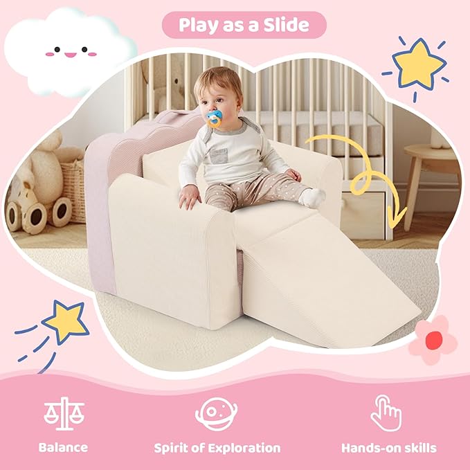 3-in-1 Toddler Chair Comfy Kids Sofa Chair,Toddler Couch Fold Out with Folding Ottomans,Foldable Baby Couch for Girls and Boys,Convertible Kids Chair Cozy to Lounger Pull Out for Playroom,Beige Pink - LeafyLoom