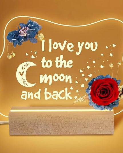 Yamonic Valentines Day Gifts for Her, Handmade Acrylic Plaque with Eternal Real Rose, Night Light with Preserved Rose Romantic Gifts for Girlfriend Wife Women (to The Moon and Back) - LeafyLoom