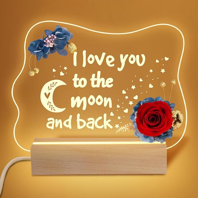 Yamonic Valentines Day Gifts for Her, Handmade Acrylic Plaque with Eternal Real Rose, Night Light with Preserved Rose Romantic Gifts for Girlfriend Wife Women (to The Moon and Back) - LeafyLoom