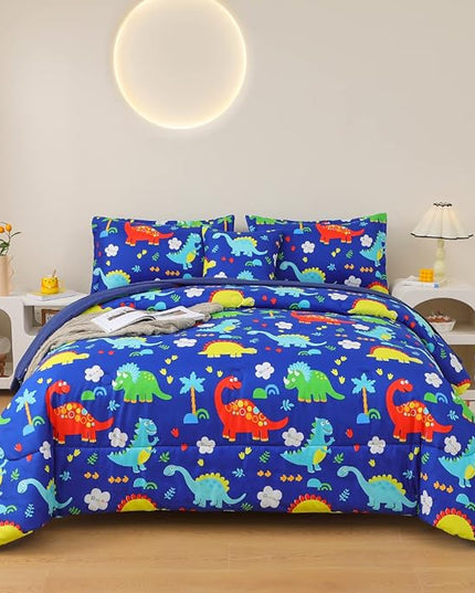 Dinosaur Comforter Set for Boys, 6 Pcs Bed in a Bag Twin Blue Dinosaur Wild Park Jungle Print Kids Bedding Set with Sheets - LeafyLoom