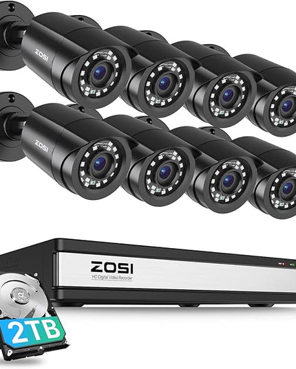 ZOSI 3K Lite 16CH Security Camera System with AI Human Vehicle Detection,Night Vision,8pcs Wired 1080P Outdoor Indoor Weatherproof Cameras,H.265+ 16 Channel CCTV DVR with 2TB HDD for 24/7 Recording ZOSI