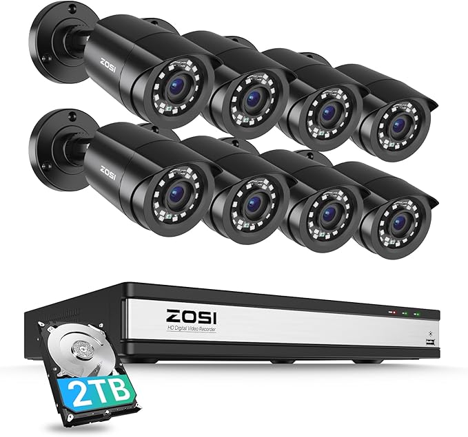 ZOSI 3K Lite 16CH Security Camera System with AI Human Vehicle Detection,Night Vision,8pcs Wired 1080P Outdoor Indoor Weatherproof Cameras,H.265+ 16 Channel CCTV DVR with 2TB HDD for 24/7 Recording ZOSI