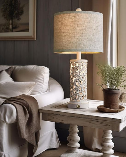 OYEARS 3-Way Dimmable 22'' Table Lamp Set of 2 for Living Room Bedroom Farmhouse Vintage Retro Bedside Lamps Touch Control with USB Ports Linen Shade for Home Office (Wash White, Bulb Included) - LeafyLoom