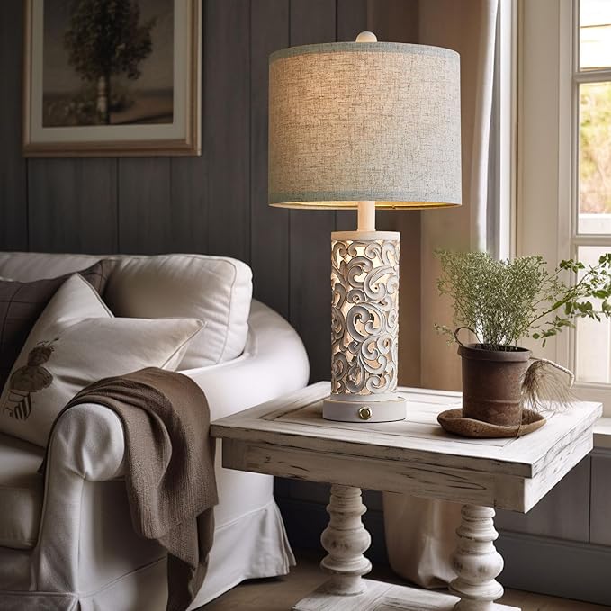 OYEARS 3-Way Dimmable 22'' Table Lamp Set of 2 for Living Room Bedroom Farmhouse Vintage Retro Bedside Lamps Touch Control with USB Ports Linen Shade for Home Office (Wash White, Bulb Included) - LeafyLoom