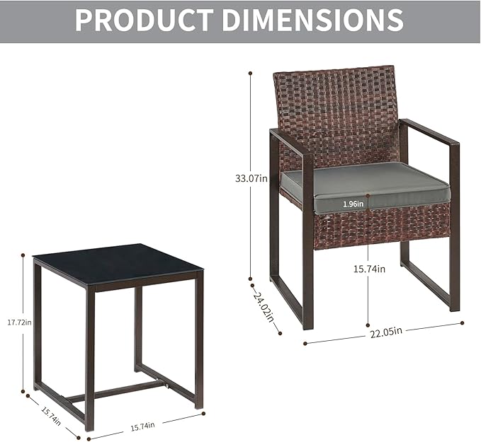 3 Pieces Patio Furniture Set Outdoor Wicker Bistro set Rattan Chair Conversation Sets with Coffee Table for Porch, Balcony,Garden,Backyard and Removable Cushions Grey - LeafyLoom