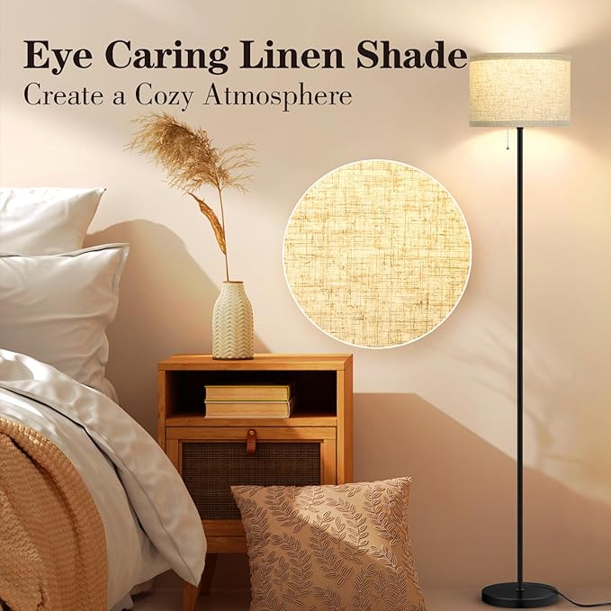 VerRon Floor Lamp for Living Room, Standing Lamp with 3 Color Temperatures LED Bulb, Tall Lamp for Bedroom Office, Black Floor Lamp with Pull Chain, Modern Corner Floor Lamp Bright Light - LeafyLoom