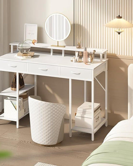 Yoobure Computer Desk with Drawers, Office Desk with LED Lights & Outlets Small Desk with Storage Shelves, Gaming Desk with Monitor Stand, 48" White Desk for Bedroom Home Office Desks for Small Space - LeafyLoom