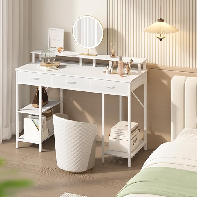 Yoobure Computer Desk with Drawers, Office Desk with LED Lights & Outlets Small Desk with Storage Shelves, Gaming Desk with Monitor Stand, 48" White Desk for Bedroom Home Office Desks for Small Space - LeafyLoom